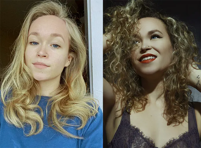 Before and After image: on the left woman with no hair and makeup; on the right, her hair is curly, and she wears red lipstick and a lace top.