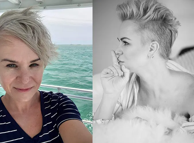 Before and After image: On the left, a woman with short blond hair, no makeup. On the right, it's her in a boudoir session