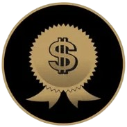Gold medal with a dollar sign in the center and ribbon tails