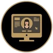 Gold icon of a computer monitor displaying a user profile with a woman's avatar and text fields