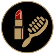 A graphic showing a tube of red lipstick and a hairbrush
