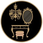 Illustration of a chandelier, an ornate mirror, a vanity table with two drawers, and a round cushioned stool