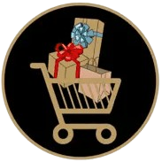 A shopping cart filled with three gift-wrapped boxes, each tied with different colored ribbons
